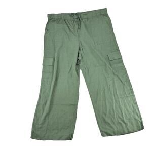 NEW GAP XXL Women Green Linen-Blend Wide-Leg Cargo Pull-On Pants 29” In J100v